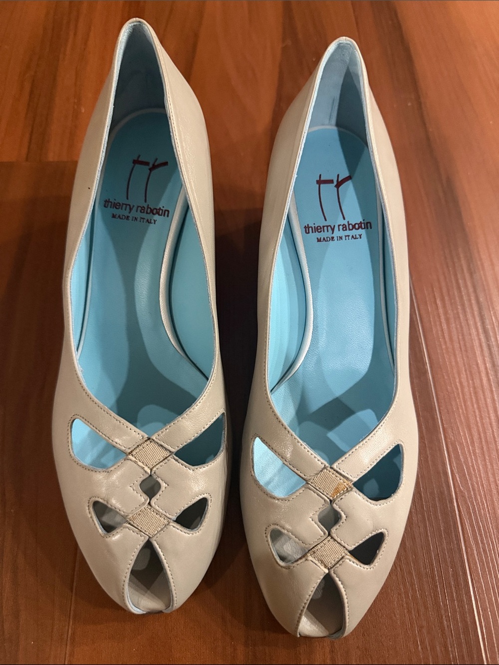 Thierry Rabotin Cream Leather Peep-Toe Heels with Blue Insole